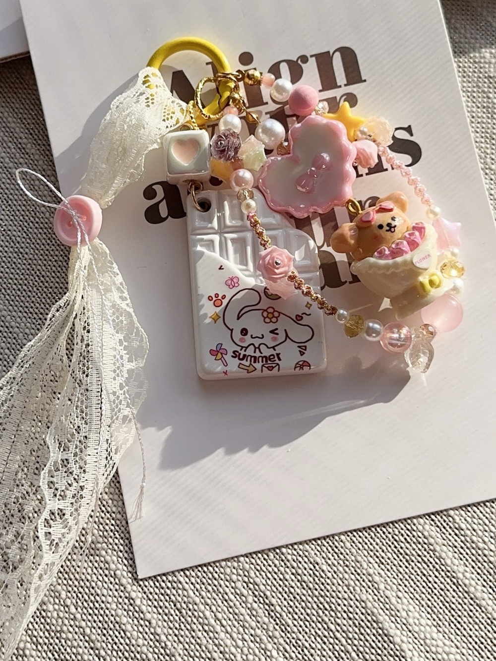 Kawaii Maltese Character & Pink Pearly Bag Phone Charm with Lace
